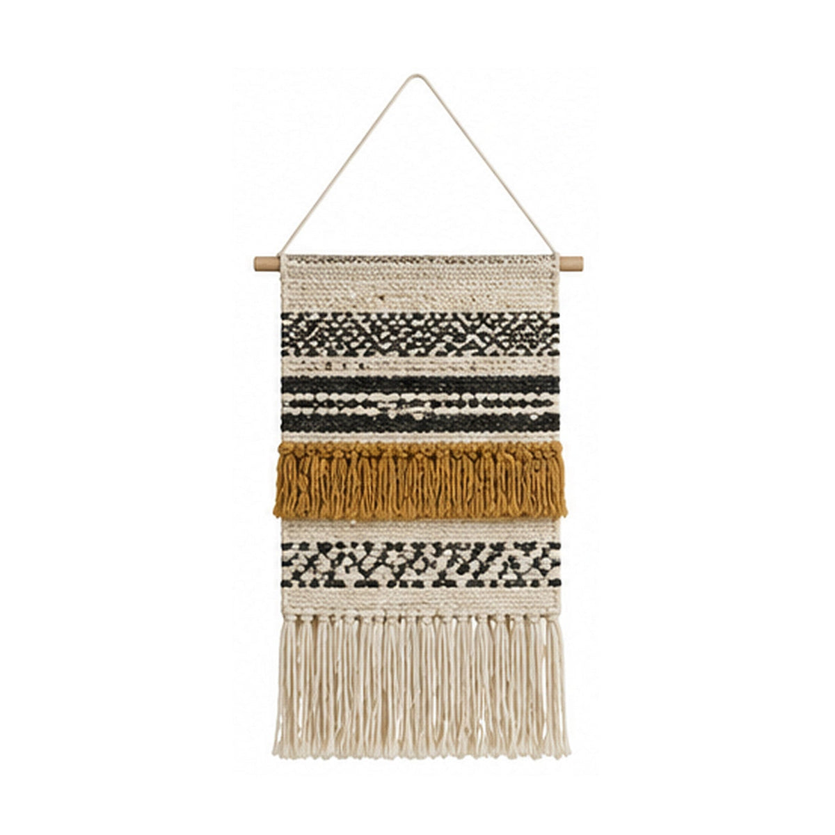 Black mustard and ivory woven cotton wall hanging with tribal stripes and fringe