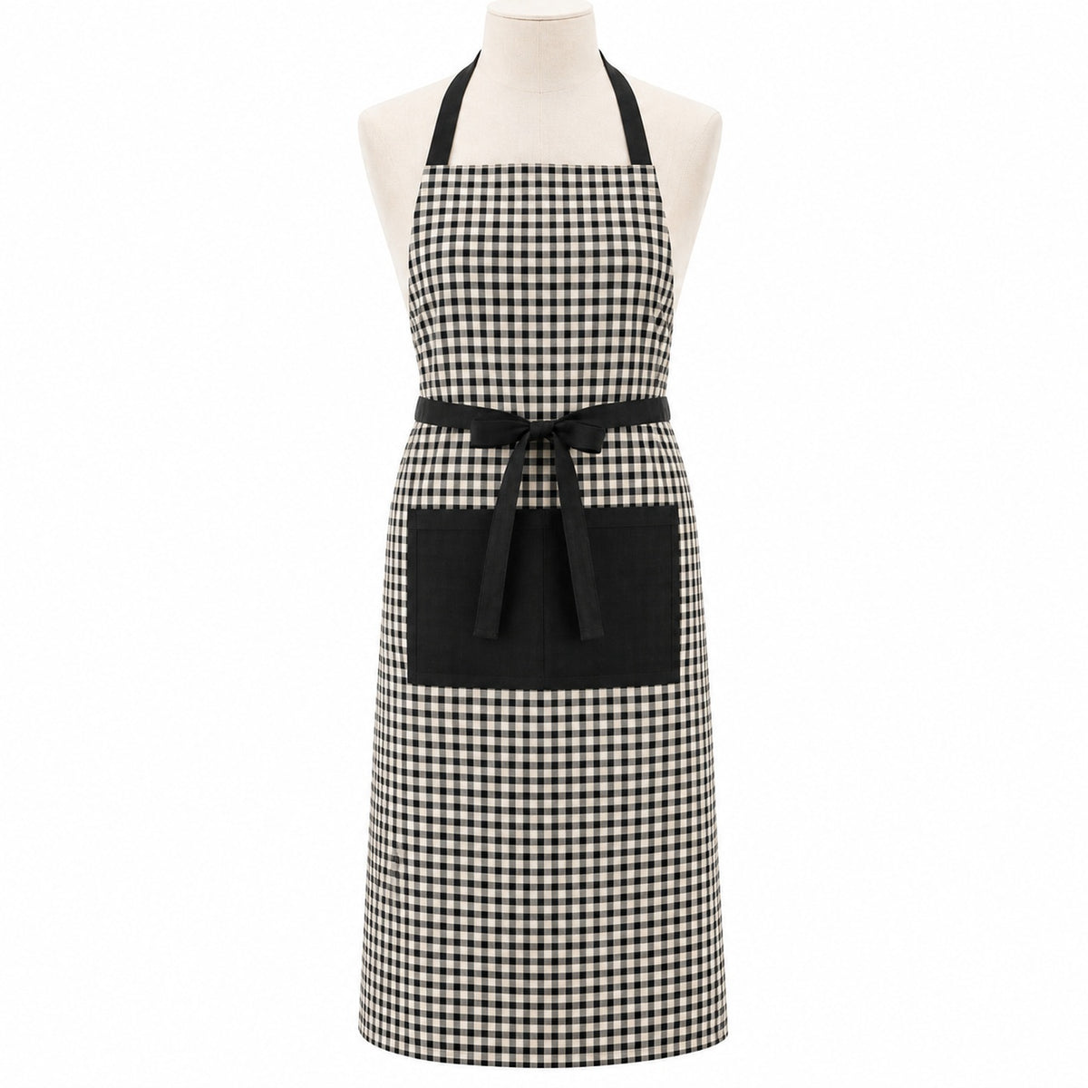 Primeval black and natural check chef apron displayed on a dress form