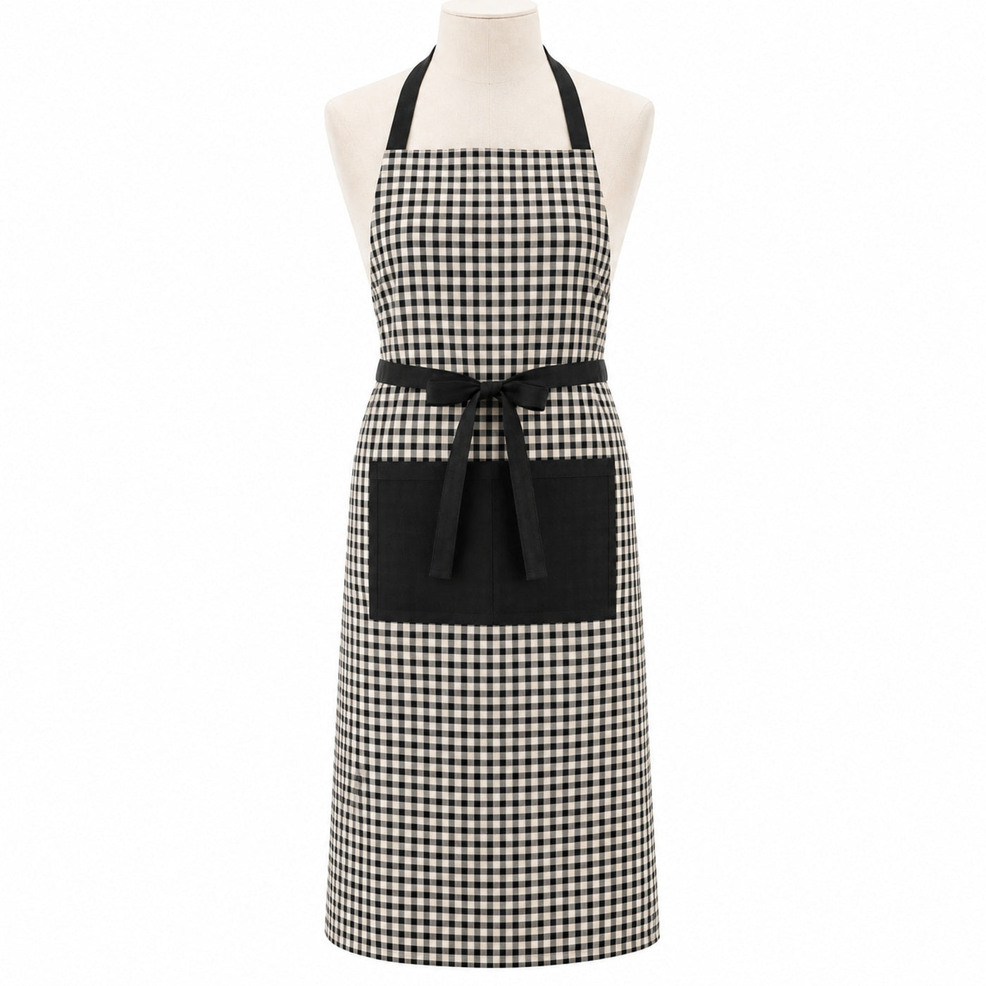 Primeval black and natural check chef apron displayed on a dress form