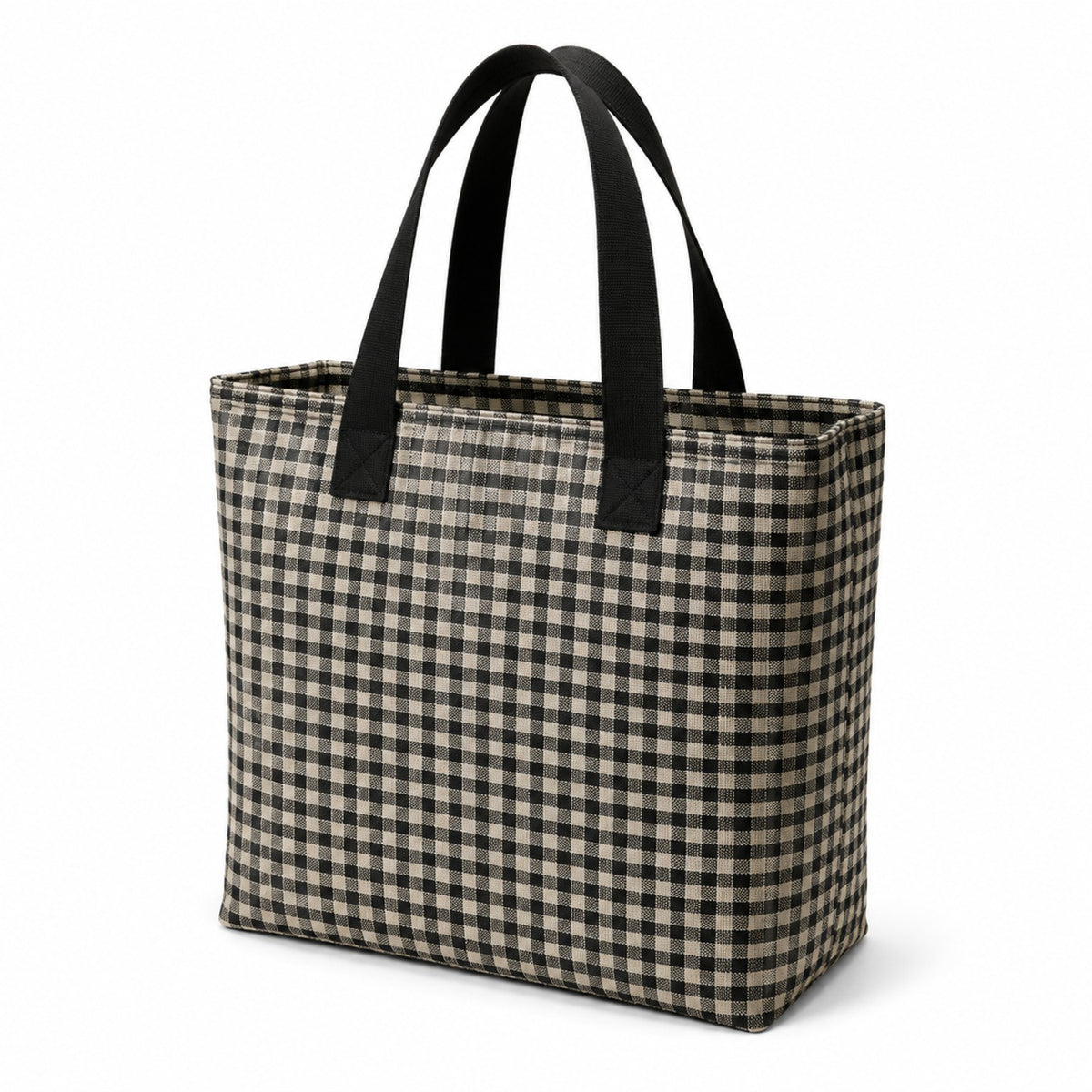 Black and natural small-check cotton tote bag with black handles on a white background.
