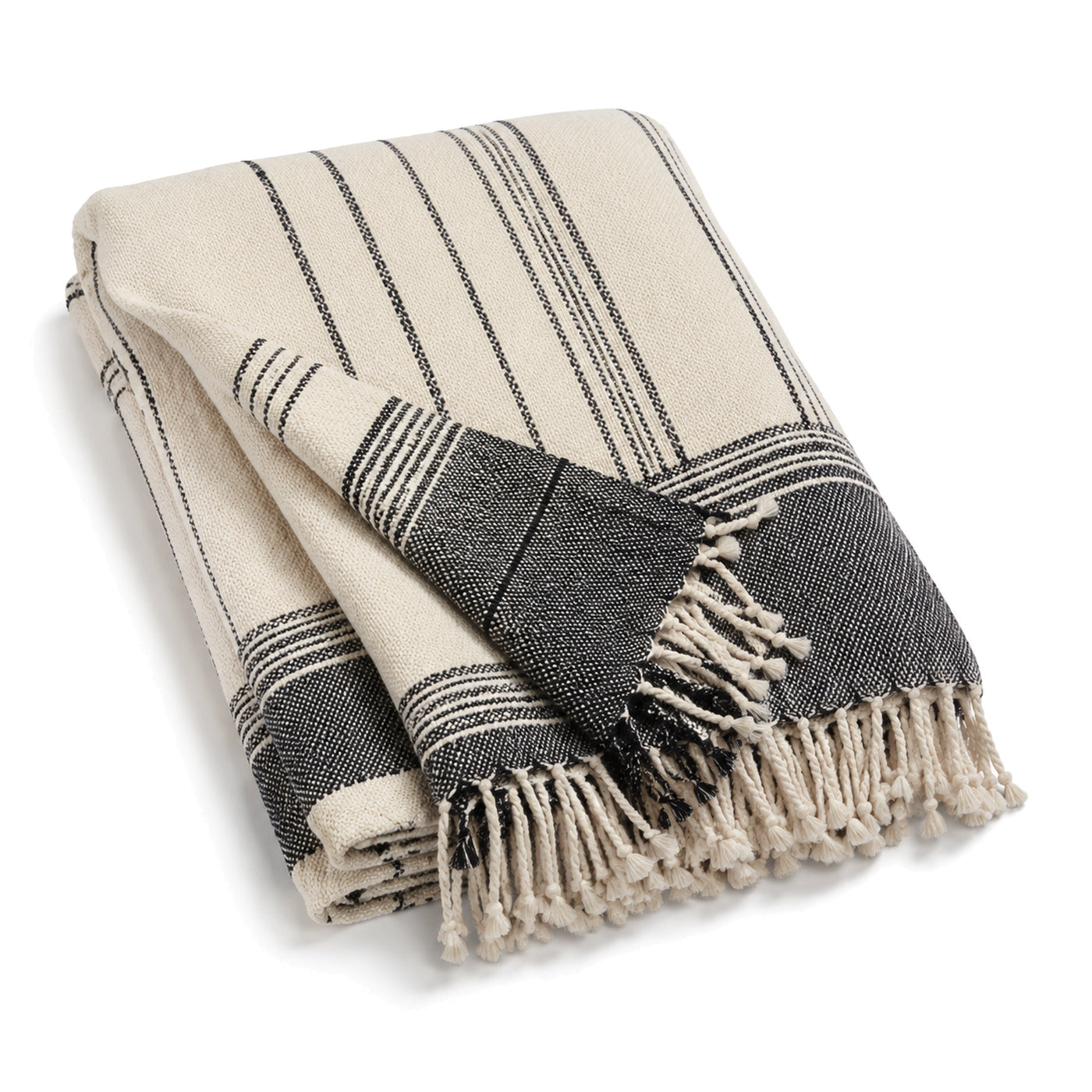 Black and natural Indian handwoven striped cotton throw with fringe 130×170 cm by Primeval