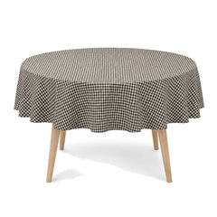 Primeval black natural small check tablecloth displayed on a round dining table