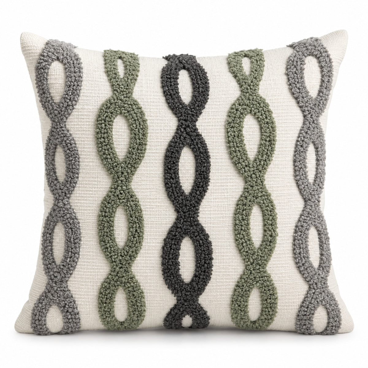 Ivory decorative cushion cover with black and olive looped geometric stripe pattern