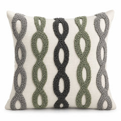 Ivory decorative cushion cover with black and olive looped geometric stripe pattern