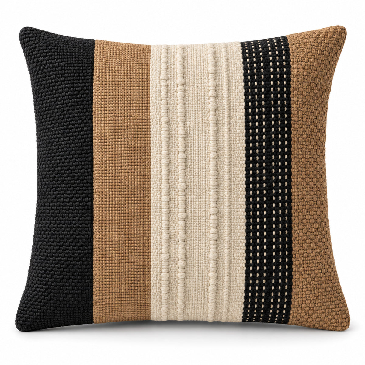 Lumbar cushion cover with black tan and ivory vertical textured stripes
