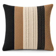 Lumbar cushion cover with black tan and ivory vertical textured stripes
