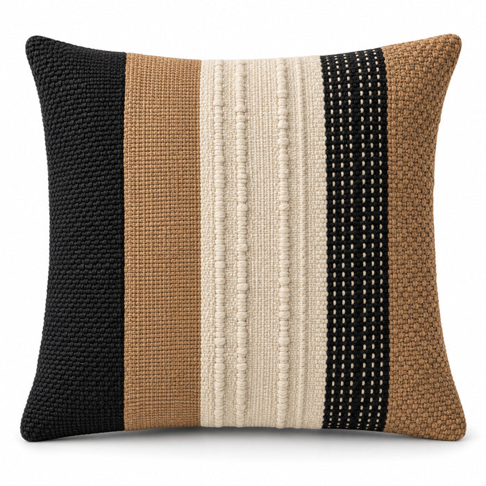 Lumbar cushion cover with black tan and ivory vertical textured stripes