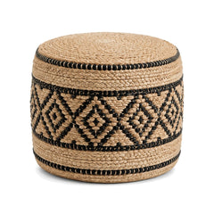 Natural jute round pouf with black tribal geometric woven panel