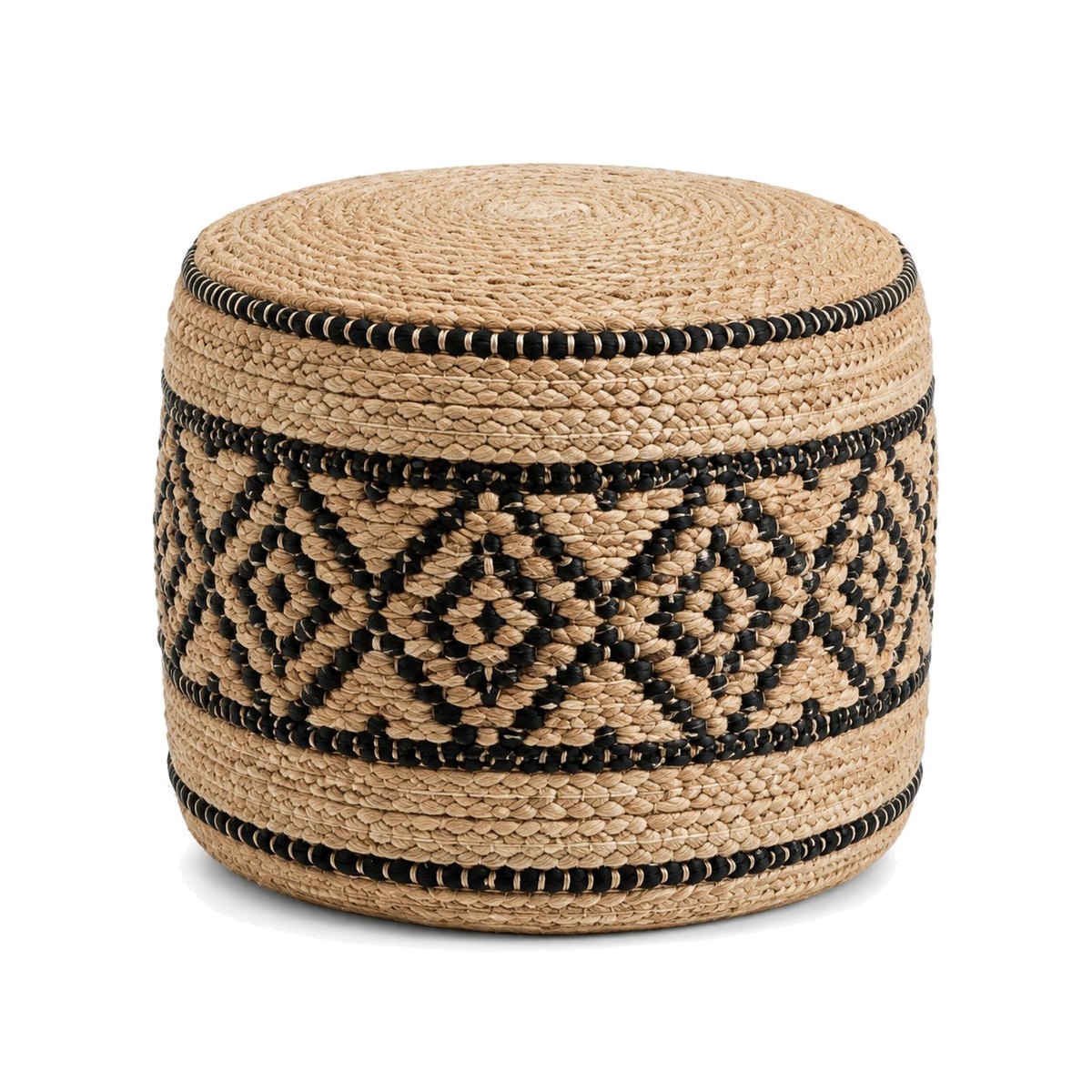Natural jute round pouf with black tribal geometric woven panel