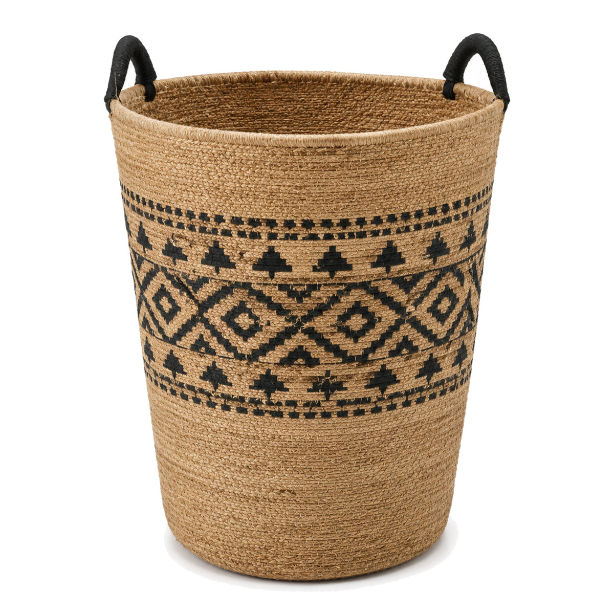 Natural jute laundry basket with black tribal motif on a clean white background