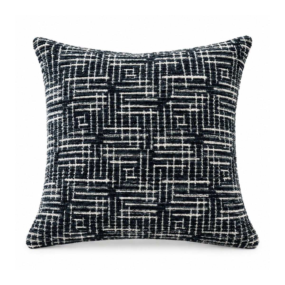 Primeval black and white geometric cushion cover showing an intricate all-over abstract linear maze pattern