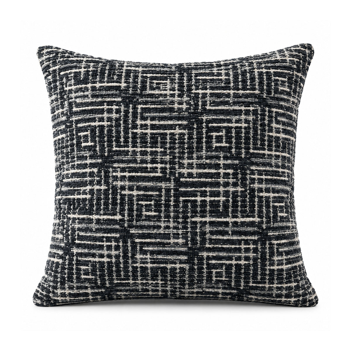 Primeval black and ivory cushion cover with an intricate crosshatched linear grid and interlocking maze-like geometric pattern