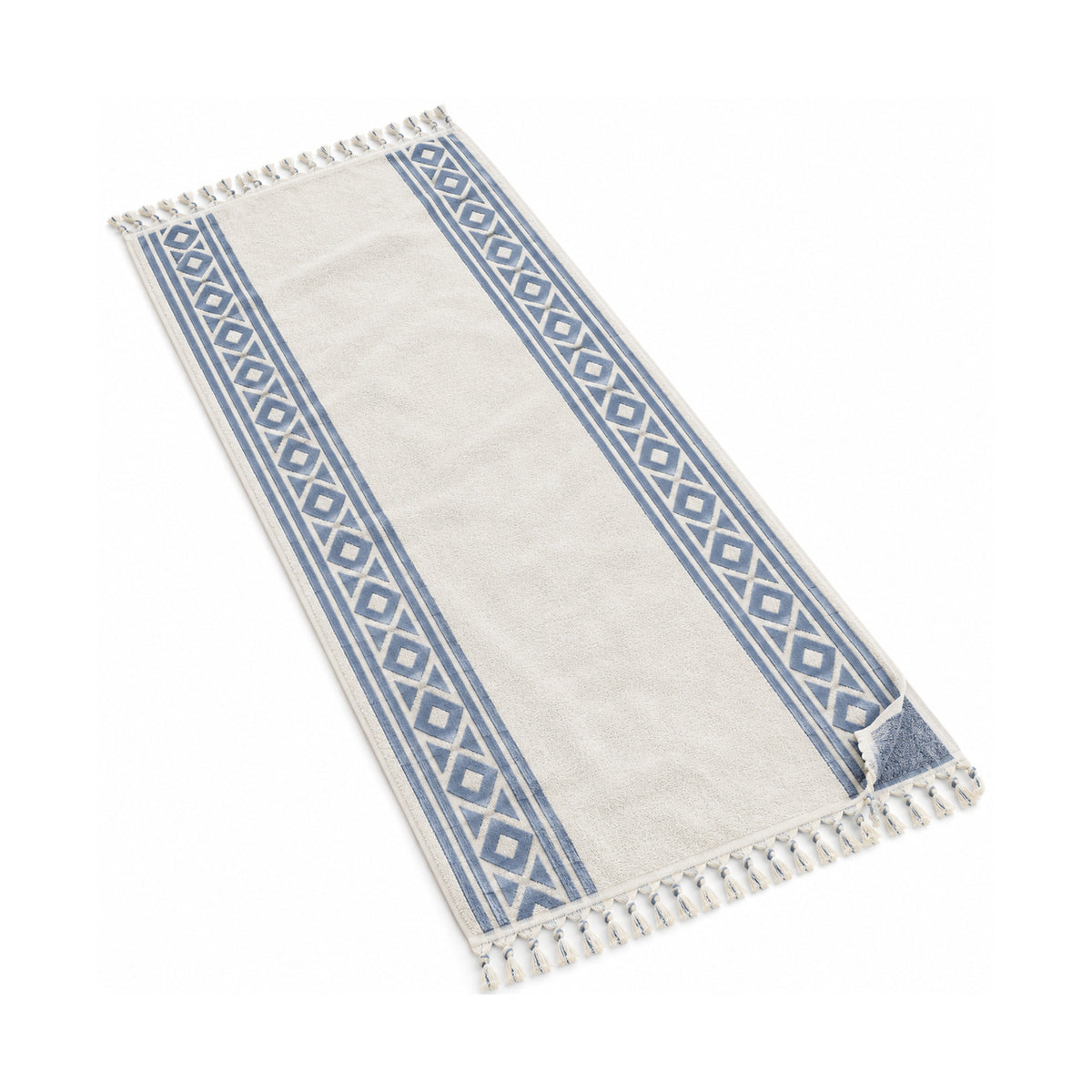 Ivory fringed beach towel with a minimal blue decorative border.