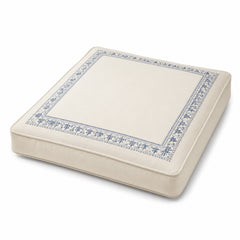 Ivory square floor cushion with delicate blue printed border on white background