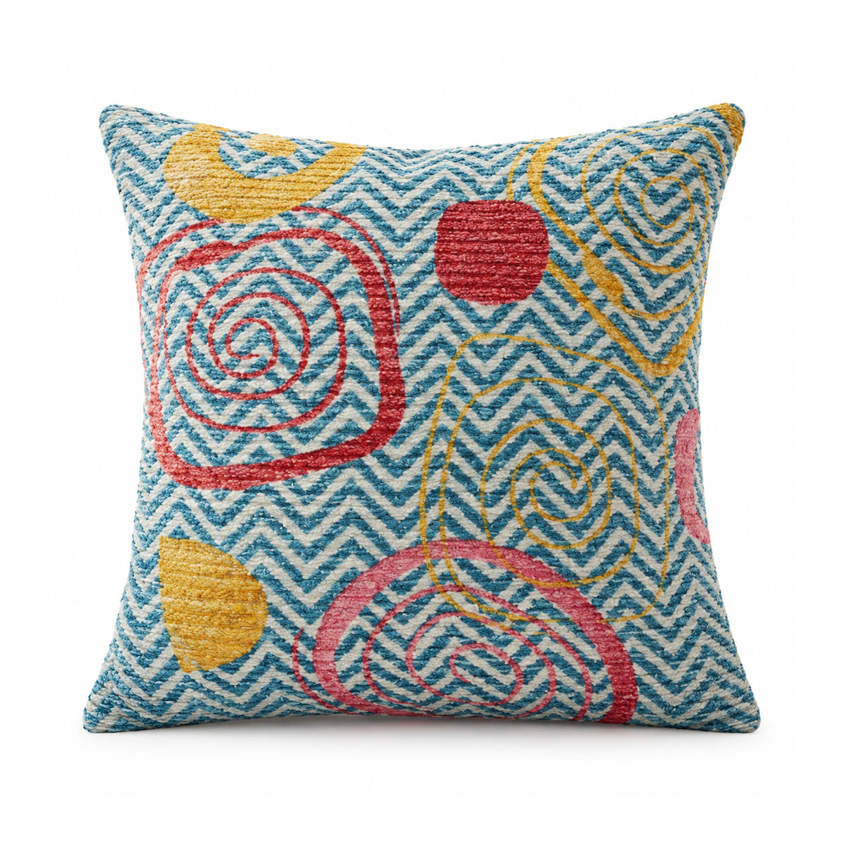 Primeval teal blue chevron cushion with coral pink mustard and aqua spiral circles and layered rounded motifs