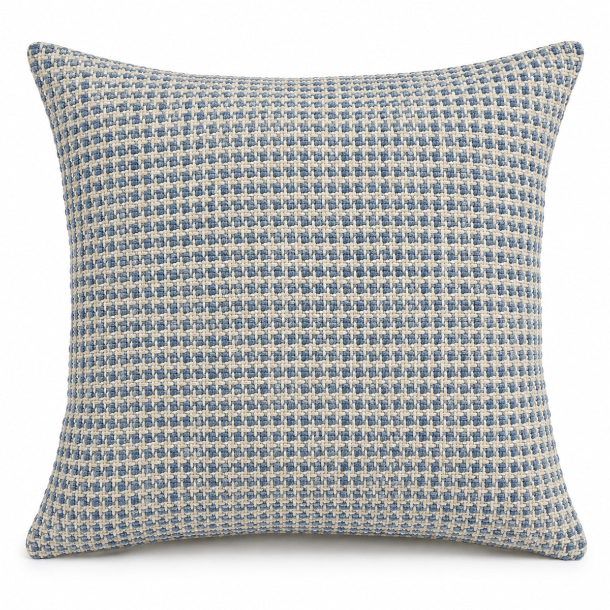 Blue and cream decorative cushion with fine micro-check woven pattern