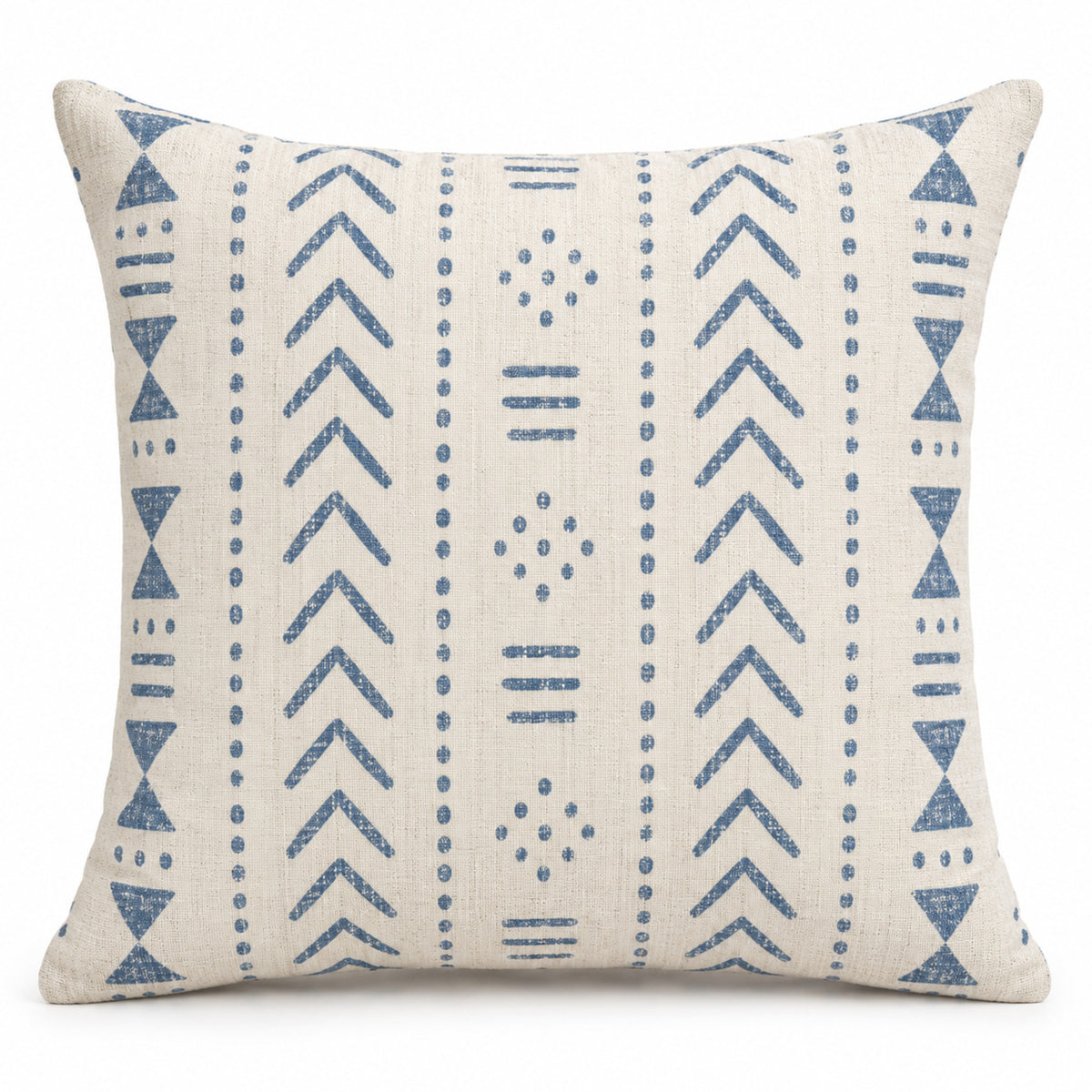 Ivory decorative cushion with blue geometric stripe pattern