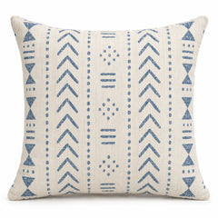 Ivory decorative cushion with blue geometric stripe pattern