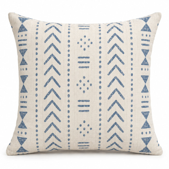 Ivory decorative cushion with blue geometric stripe pattern