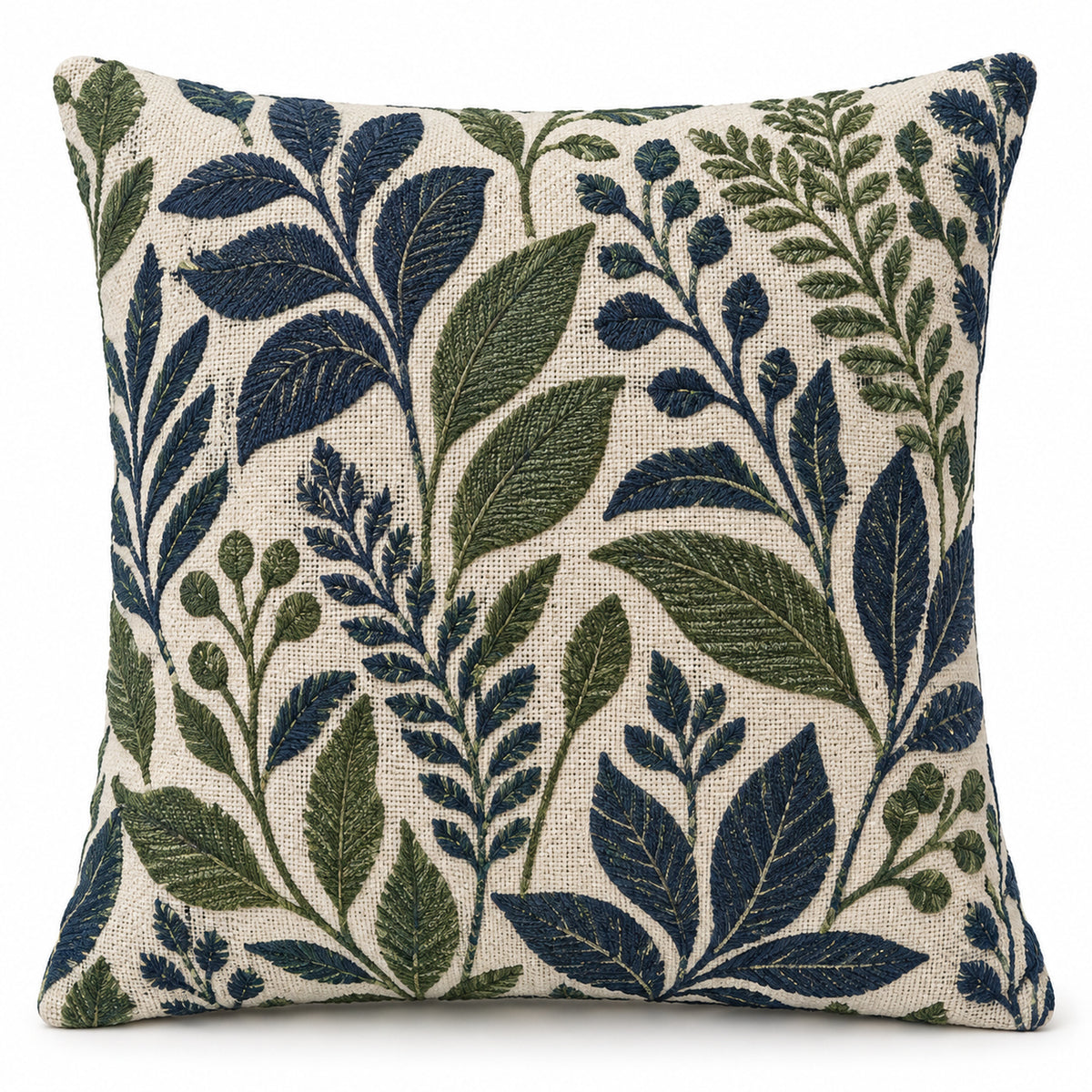 Blue & Green Botanical Embroidered Cotton Cushion Cover – 45 x 45 cm
