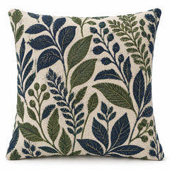 Blue & Green Botanical Embroidered Cotton Cushion Cover – 45 x 45 cm