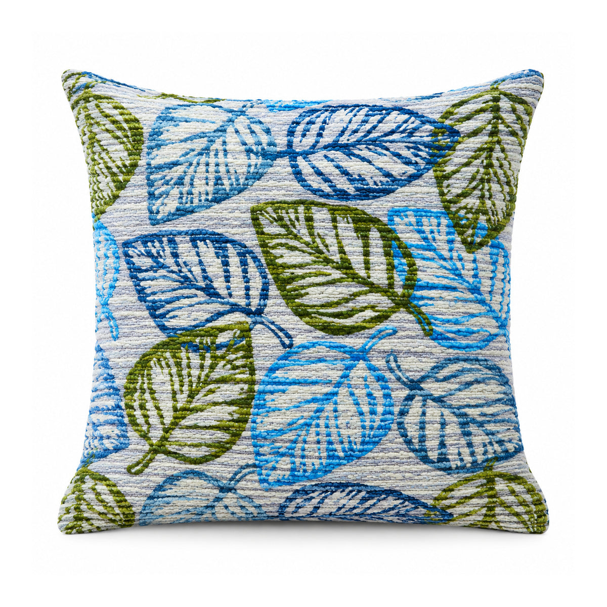 Primeval decorative throw cushion with blue and olive green outlined tropical leaves on a light background