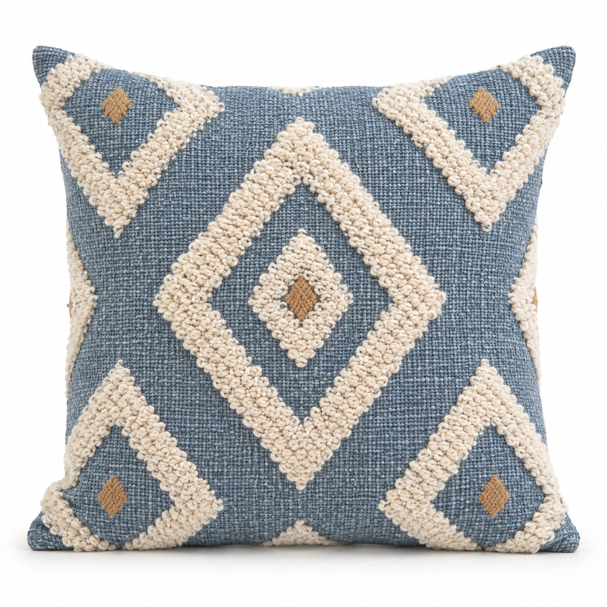 Blue decorative cushion with ivory tufted diamond pattern