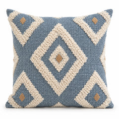 Blue decorative cushion with ivory tufted diamond pattern