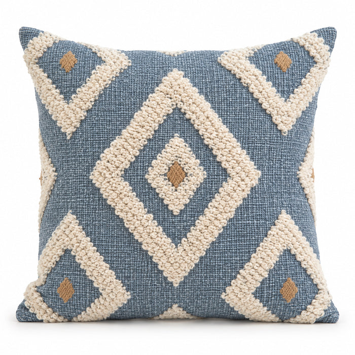 Blue decorative cushion with ivory tufted diamond pattern
