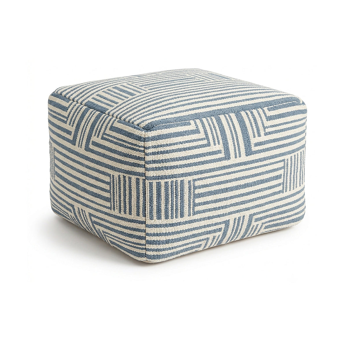 Blue and ivory geometric stripe woven cube pouf by Primeval