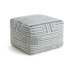 Blue and ivory geometric stripe woven cube pouf by Primeval