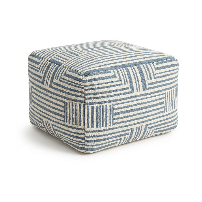 Blue and ivory geometric stripe woven cube pouf by Primeval
