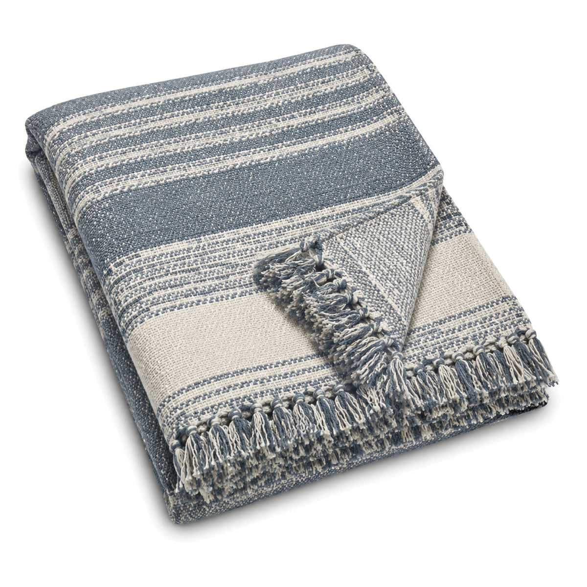Blue and ivory jacquard stripe cotton throw with fringe 130×170 cm by Primeval