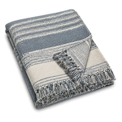 Blue and ivory jacquard stripe cotton throw with fringe 130×170 cm by Primeval