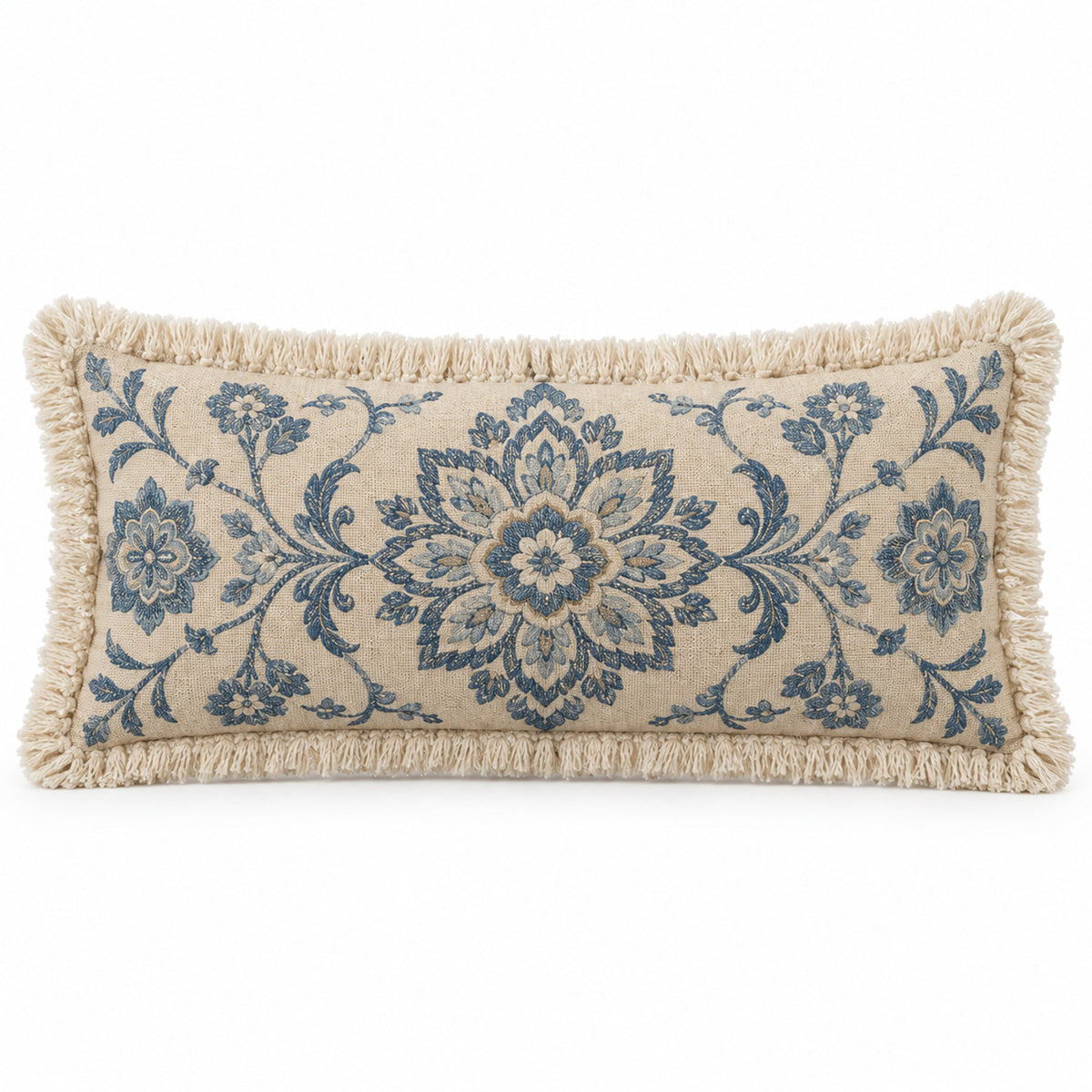 Ivory lumbar cushion cover with blue ornamental medallion pattern and fringed edges