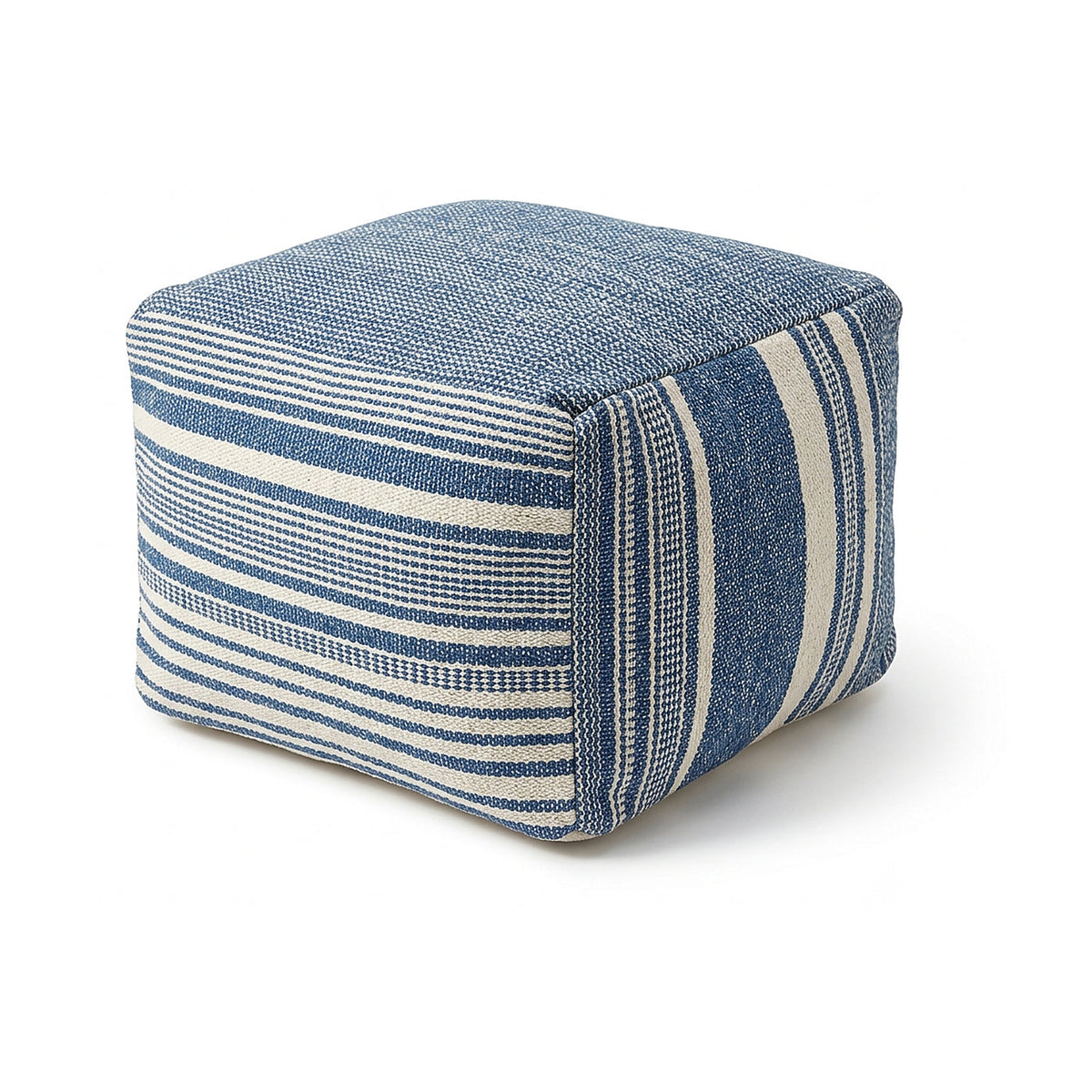 Blue and ivory striped woven cube pouf by Primeval