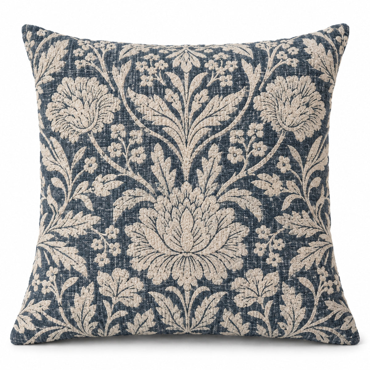 Blue decorative cushion cover with ivory vintage-inspired floral botanical pattern