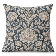 Blue decorative cushion cover with ivory vintage-inspired floral botanical pattern