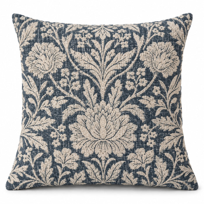 Blue decorative cushion cover with ivory vintage-inspired floral botanical pattern