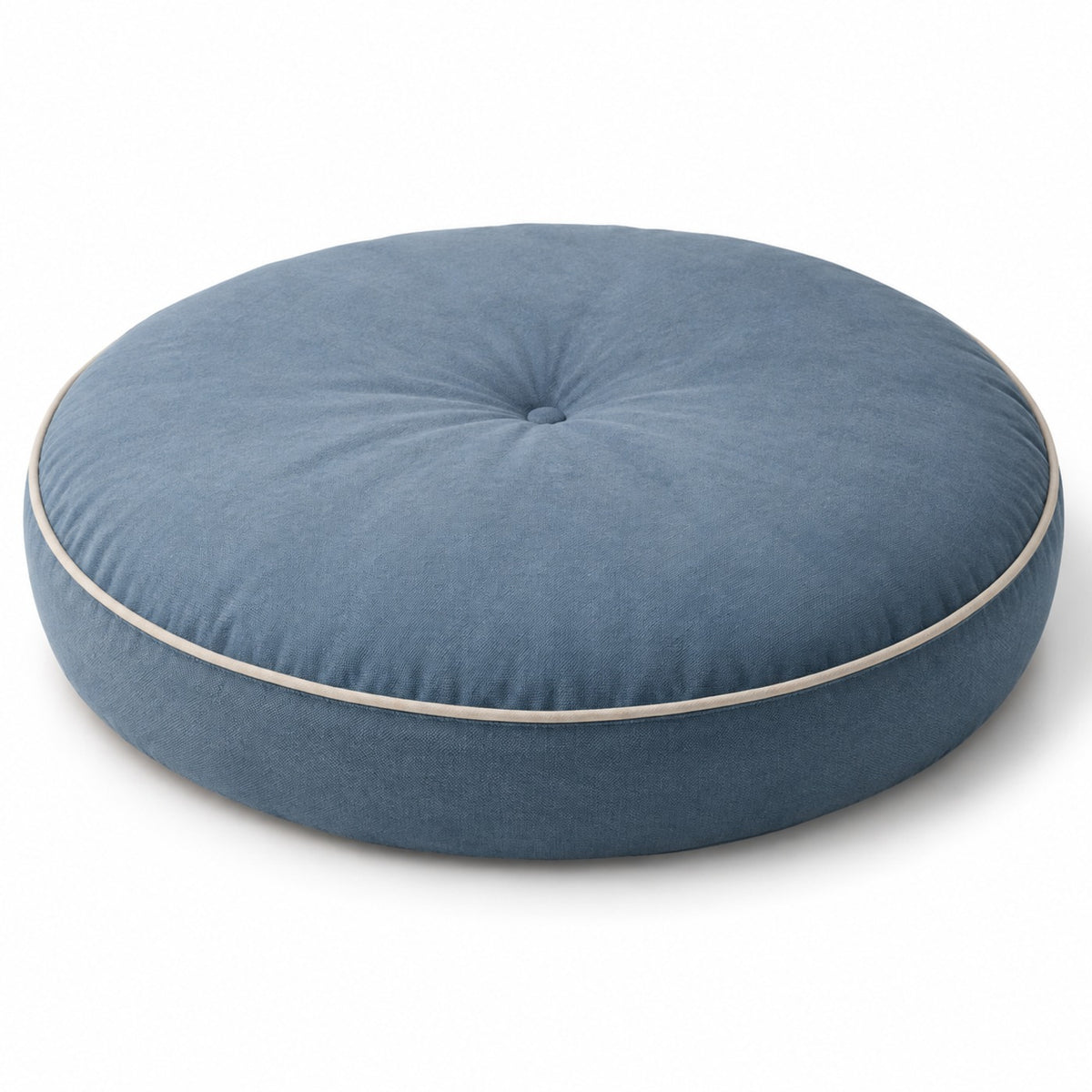 Blue round floor cushion with ivory piping and central tufting on white background