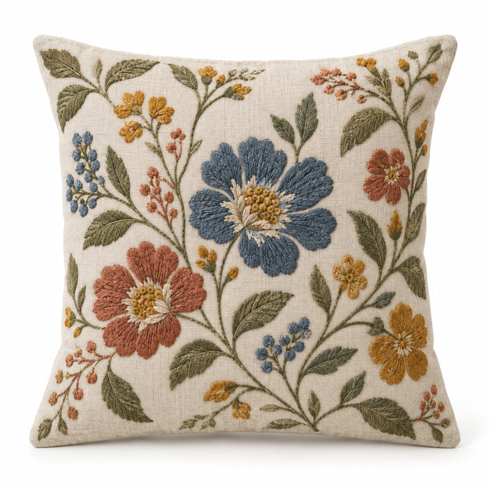 Ivory decorative cushion cover with blue rust mustard and green garden floral design
