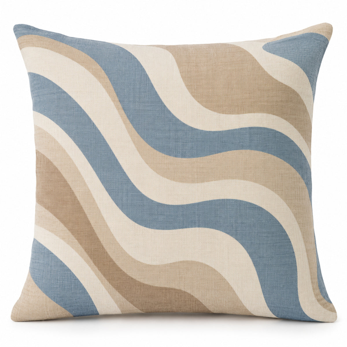 Ivory decorative cushion cover with flowing blue taupe and beige wavy geometric pattern