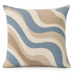 Ivory decorative cushion cover with flowing blue taupe and beige wavy geometric pattern