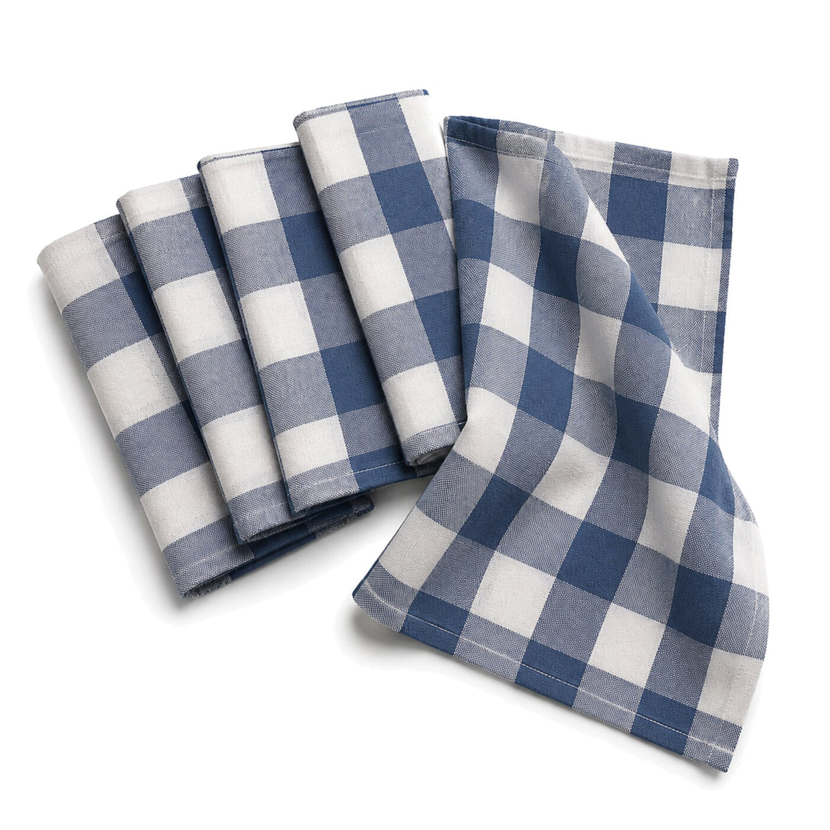 Primeval blue and white buffalo check cotton kitchen towel set in folded studio presentation