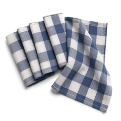 Primeval blue and white buffalo check cotton kitchen towel set in folded studio presentation