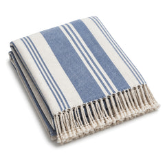 Blue and white handloom striped cotton throw with fringe 130×170 cm by Primeval