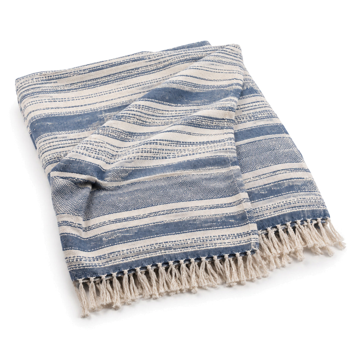 Blue and white Mediterranean striped handwoven cotton throw with fringe 130×170 cm by Primeval