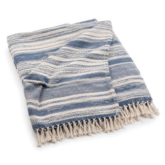 Blue and white Mediterranean striped handwoven cotton throw with fringe 130×170 cm by Primeval