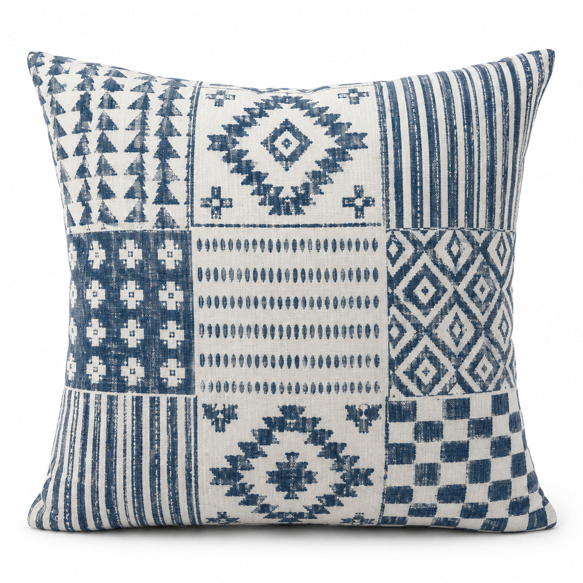 Blue & White Printed Patchwork Geometric Cotton Cushion Cover 45 x 45 cm