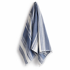 Blue and white striped handwoven cotton hammam towel 90x180 cm on white background